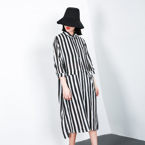 New Summer Autumn Black-white Striped Nine Points Sleeve Single Breasted Long Shirt Loose Women Fashion Tide LA895