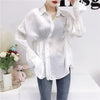 New Summer Autumn Fashion White Irregular Elastic Pleated Stitching Lapel Lantern Sleeve Woman Shirt Blouse SC0