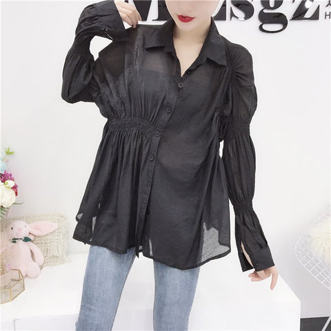 New Summer Autumn Fashion White Irregular Elastic Pleated Stitching Lapel Lantern Sleeve Woman Shirt Blouse SC0