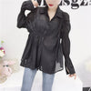 New Summer Autumn Fashion White Irregular Elastic Pleated Stitching Lapel Lantern Sleeve Woman Shirt Blouse SC0