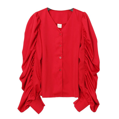 New Summer Autumn Red Loose Casual Big Pleated Long Sleeve Tops Women Fashion Tide Simple V-neck Wild Shirt LA779