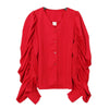 New Summer Autumn Red Loose Casual Big Pleated Long Sleeve Tops Women Fashion Tide Simple V-neck Wild Shirt LA779