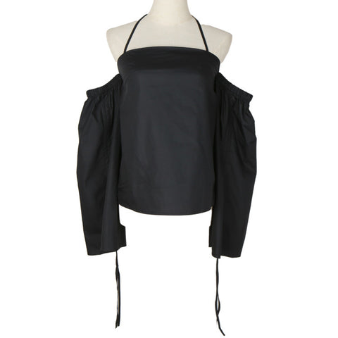 New Summer Autumn Slash Neck Latel Sleeve Whiute Fold Split Joint Loose Bandage Shirt Women Blouse Fashion Tide JG703