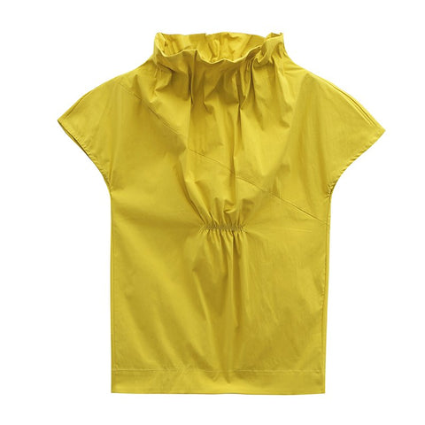 New Summer Autumn Stand Collar Short Sleeve White Ruffles Split Joint Loose White Shirt Women Blouse Fashion JG822