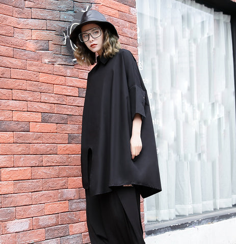 New Summer Lapel Black Nine-part Sleeve Striped Irregular Hem Big Size Shirt Women Blouse Fashion Tide JE77801