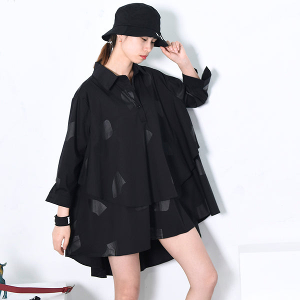 [EAM]2022 New Summer Lapel Three-quarter Sleeve Whie Double Layers Printed Big Size Long Shirt Women Blouse Fashion Tide JG4