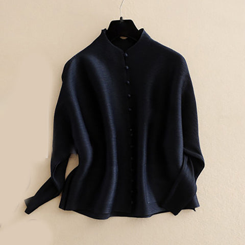 New Summer Round Neck Long Sleeve Fold Pleated Single Breasted Loose Shirt Women Fashion Tide Blouse JG513