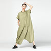 New Summer Stand Collar Leisure Short Sleeve Green Brief Black Loose Big Size Long Jumpsuits Women Fashion JF338
