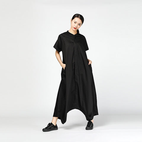 New Summer Stand Collar Leisure Short Sleeve Green Brief Black Loose Big Size Long Jumpsuits Women Fashion JF338
