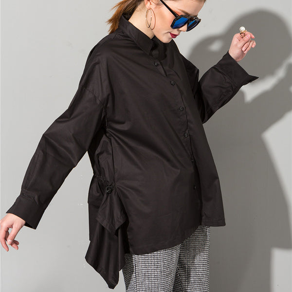 Summer Fashion Lapel New Drawstring Irregular Hem Black White Loose Big Size Shirt Woman Blouse Fashion 6000M