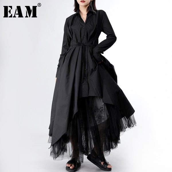 [EAM] 2023 Spring Autumn Lapel Long Sleeve Button Bandage Stitch Pleated Irregular Shirt Dress Women Tide JY778