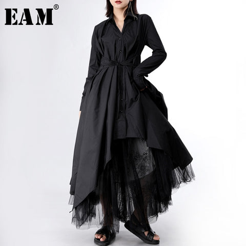 [EAM] 2023 Spring Autumn Lapel Long Sleeve Button Bandage Stitch Pleated Irregular Shirt Dress Women Tide JY778