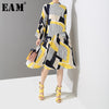 [EAM] 2023 Spring Autumn Stand Collar Long Flare Sleeve Pattern Striped Printed Pleated Loose Dress Women Tide JO585