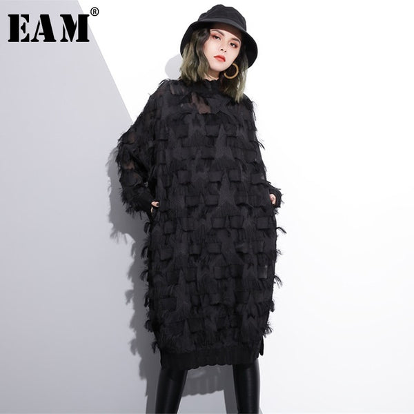 [EAM] 2023 Spring Autumn Stand Collar Long Sleeve Perspective Black Loose Tassels Big Size Dress Women Tide JI780