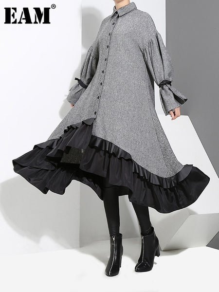 [EAM] 2023 Spring Lapel Long Sleeve  Bandage Solid Color Gray Big Hem Irregular Loose Dress Women Tide JD717