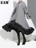 [EAM] 2023 Spring Lapel Long Sleeve  Bandage Solid Color Gray Big Hem Irregular Loose Dress Women Tide JD717