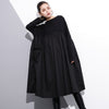 [EAM] 2023 Spring  Round Neck Long Sleeve Black Big Size Pockets Fold Split Joint Big Size Dress Women Tide JE616