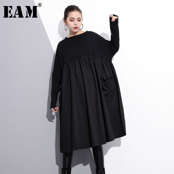 [EAM] 2023 Spring  Round Neck Long Sleeve Black Big Size Pockets Fold Split Joint Big Size Dress Women Tide JE616