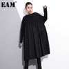 [EAM] 2023 Spring  Round Neck Long Sleeve Black Big Size Pockets Fold Split Joint Big Size Dress Women Tide JE616