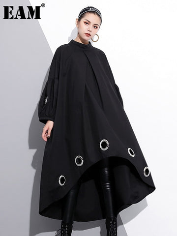 [EAM] 2023 Spring  Round Neck Long Sleeve Solid Color Black Metal Ring Big Size Hollow Out Dress Women Tide JE29201