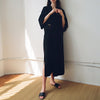 [EAM] 2022 Spring Summer V-Neck Half Sleeve Black Loose Waist Bandage Pocket Long Big Size Dress Women Tide JT063