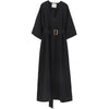 [EAM] 2022 Spring Summer V-Neck Half Sleeve Black Loose Waist Bandage Pocket Long Big Size Dress Women Tide JT063