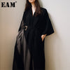 [EAM] 2022 Spring Summer V-Neck Half Sleeve Black Loose Waist Bandage Pocket Long Big Size Dress Women Tide JT063