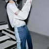 [EAM] Blue Contrast Color Split Joint Long Wide Leg Jeans High Waist Loose Women Trousers Spring Autumn 2022 1T276
