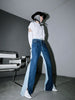 [EAM] Blue Contrast Color Split Joint Long Wide Leg Jeans High Waist Loose Women Trousers Spring Autumn 2022 1T276