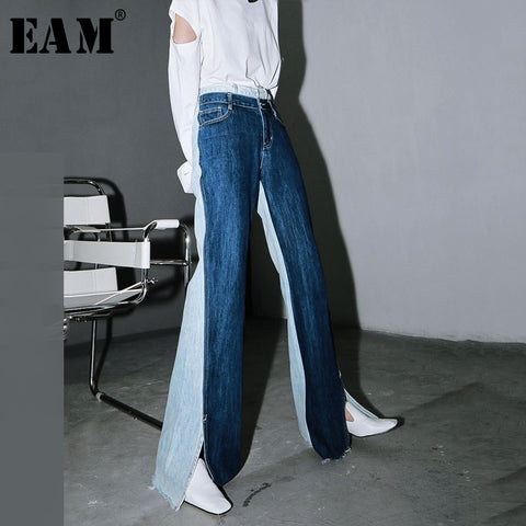 [EAM] Blue Contrast Color Split Joint Long Wide Leg Jeans High Waist Loose Women Trousers Spring Autumn 2022 1T276