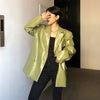 [EAM] Green PU Leather Big Size Women Blazer Lapel Long Sleeve Loose Fit  Jacket Tide Spring Autumn 2022 1DD6461