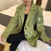 [EAM] Green PU Leather Big Size Women Blazer Lapel Long Sleeve Loose Fit  Jacket Tide Spring Autumn 2022 1DD6461