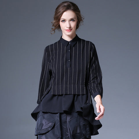 Autumn 5 Color Striped Spliced Loose Seven-quarter Sleeve Asymmetry Shirt Fashion New Women's LA828