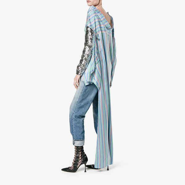 [EAM]High Quality 2022 Autumn Summer Fashion New Women's Blue Striped Sequins Spliced Full Sleeve Mid Long Irregular Shirt LA874