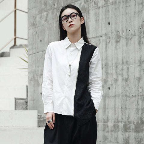 Autumn Winter White-black Spliced Long Sleeve Asymmetric Length Tops Fashion New Women's Shirt LA924