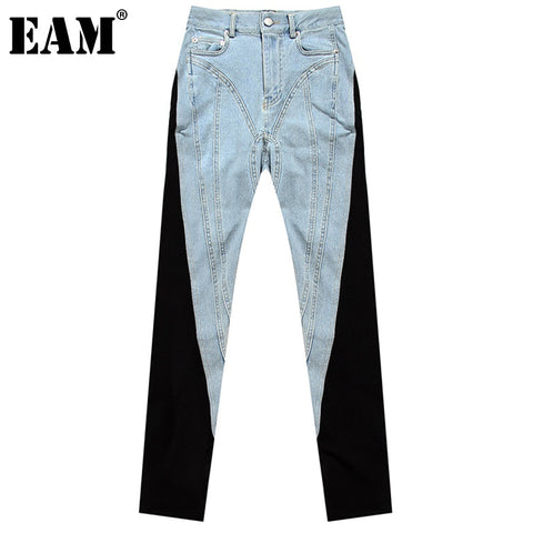 [EAM] High Waist Color-block Denim Long Casual Wide Leg Jeans Loose Women Trousers Tide Spring Autumn 2022 1DE3321