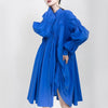 [EAM] Women Asymmetrical Pleated Big Size Dress Stand Collar Long Sleeve Loose Fit Tide Spring Autumn 2023 1K937