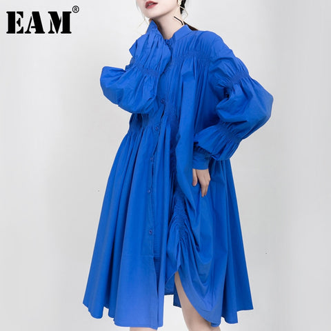 [EAM] Women Asymmetrical Pleated Big Size Dress Stand Collar Long Sleeve Loose Fit Tide Spring Autumn 2023 1K937