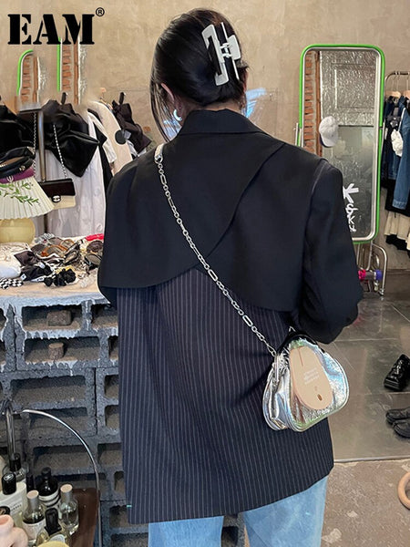 [EAM]  Women Back Striped Big Size Irregular Blazer Lapel Long Sleeve Loose Fit Jacket Spring Autumn 2023 1DE2272