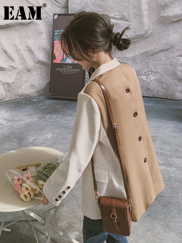 [EAM]  Women Beige Back Button Color-block Big Size Blazer Lapel Long Sleeve Jacket Tide Spring Autumn 2023 1DE8804