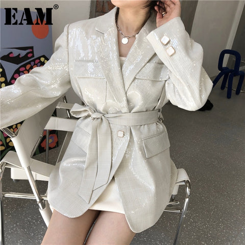 [EAM]  Women Beige Sequins Big Size Blazer Lapel Long Sleeve Loose Fit  Jacket Tide Spring Autumn 2022 1DA501