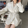 [EAM]  Women Beige Sequins Big Size Blazer Lapel Long Sleeve Loose Fit  Jacket Tide Spring Autumn 2022 1DA501