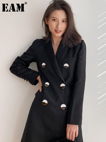 [EAM]  Women Big Size Long Double Breasted Black Blazer Notched Long Sleeve Loose Jacket Spring Autumn 2023 1DD5242