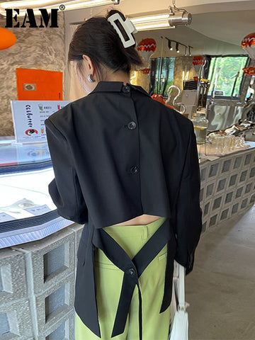 [EAM]  Women Black Back Belt Irregular Big Size Blazer Lapel Long Sleeve Loose Fit Jacket Spring Autumn 2023 1DE1424