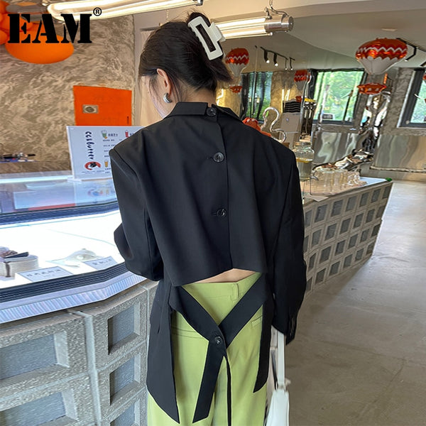 [EAM]  Women Black Back Belt Irregular Big Size Blazer Lapel Long Sleeve Loose Fit Jacket Spring Autumn 2022 1DE1424
