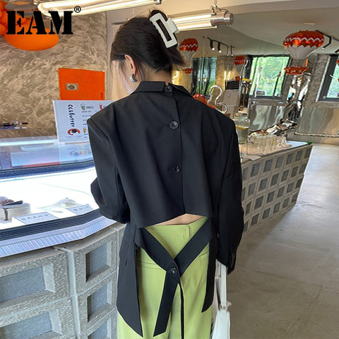 [EAM]  Women Black Back Belt Irregular Big Size Blazer Lapel Long Sleeve Loose Fit Jacket Spring Autumn 2022 1DE1424