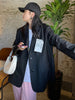 [EAM]  Women Black Back Slit Big Size Blazer Lapel Long Sleeve Loose Fit Jacket Tide Spring Autumn 2023 1DE1412
