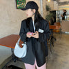 [EAM]  Women Black Back Slit Big Size Blazer Lapel Long Sleeve Loose Fit Jacket Tide Spring Autumn 2022 1DE1412