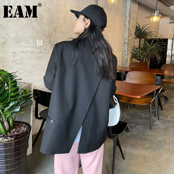 [EAM]  Women Black Back Slit Big Size Blazer Lapel Long Sleeve Loose Fit Jacket Tide Spring Autumn 2022 1DE1412