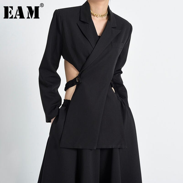 [EAM]  Women Black Backless Hollow Out Irregular Blazer Lapel Long Sleeve Loose Jacket Spring Autumn 2022 1T44701S
